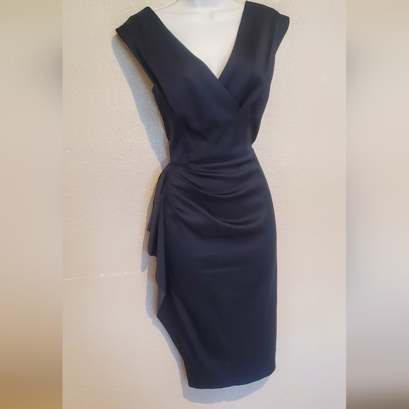 Maggie London Midnight Blue Satin Cocktail Side Bustled Pencil Midi Dress Sz 14 - Picture 7 of 12